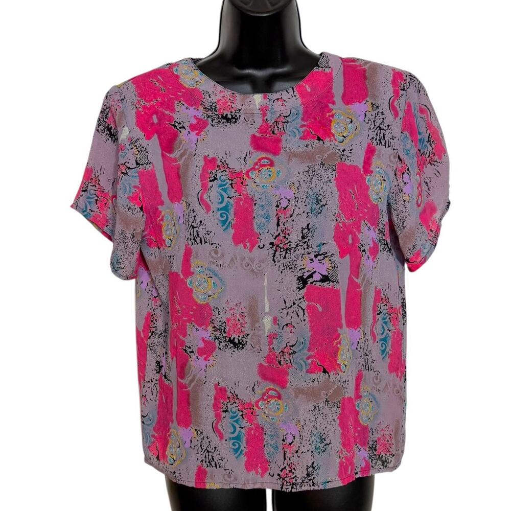 VINTAGE 80s 90s KATE HOWARD SHEER RETRO PURPLE ABSTRACT PRINT BLOUSE SIZE S.